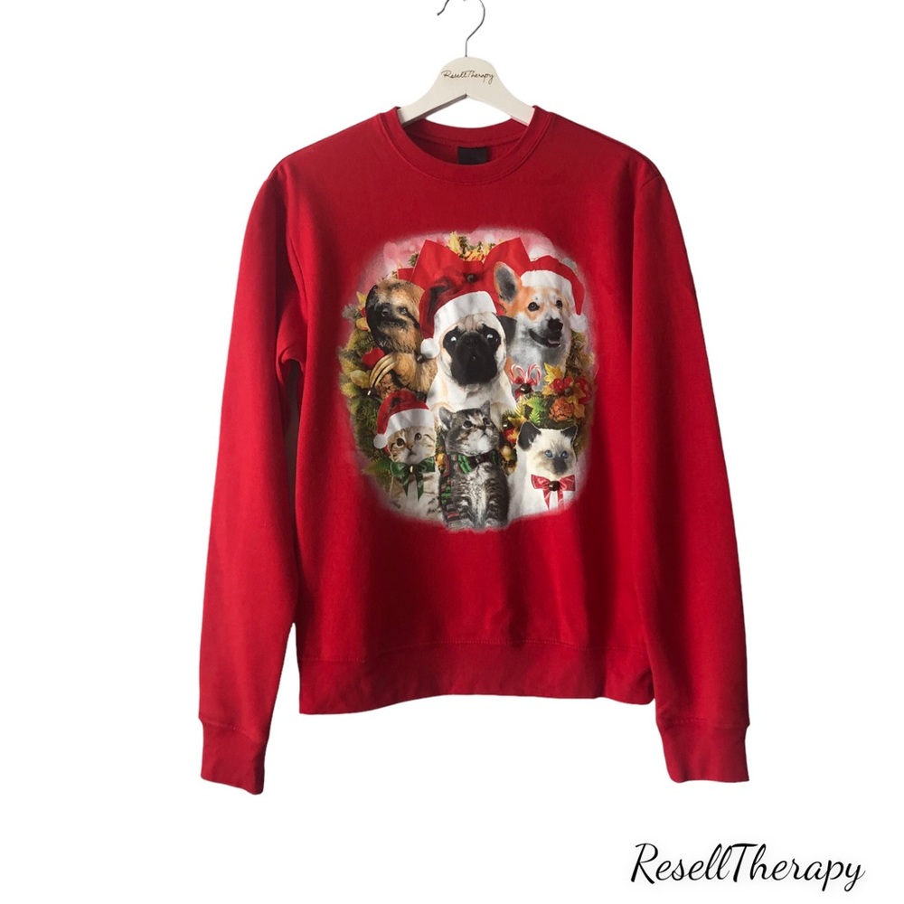 FIFTH SUN Red Long Sleeve Ugly Sweater Crew Neck With Different Animals Bells